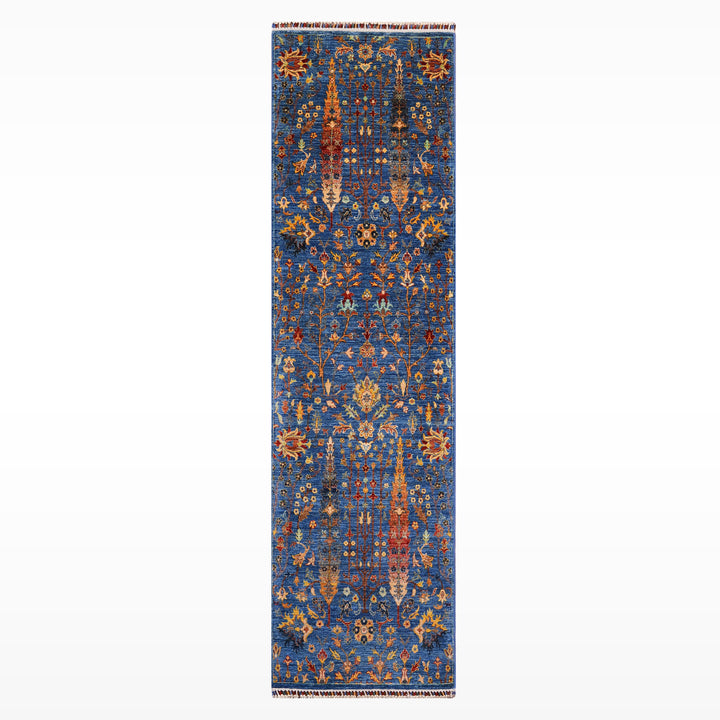 Tree of Life Original Handwoven Runner Rug, Blue Root Dye Wool, 0.80x265 cm (2.12 square meters) - 3x8 ft 