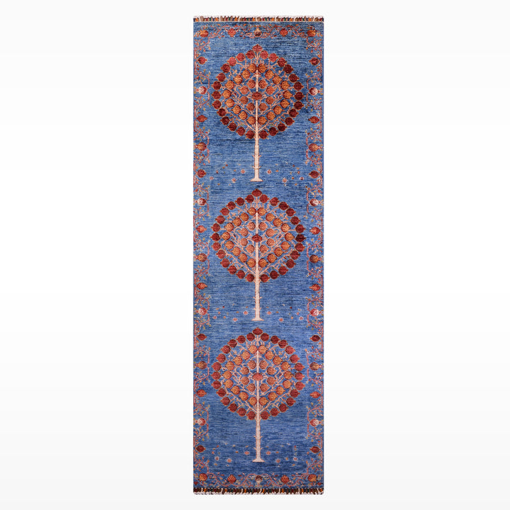 Pomegranate Tree Runner Rug, Original Handwoven Blue Root Dye Wool Carpet, 0.80x302 cm (2.42 square meters) - 3x10 ft 