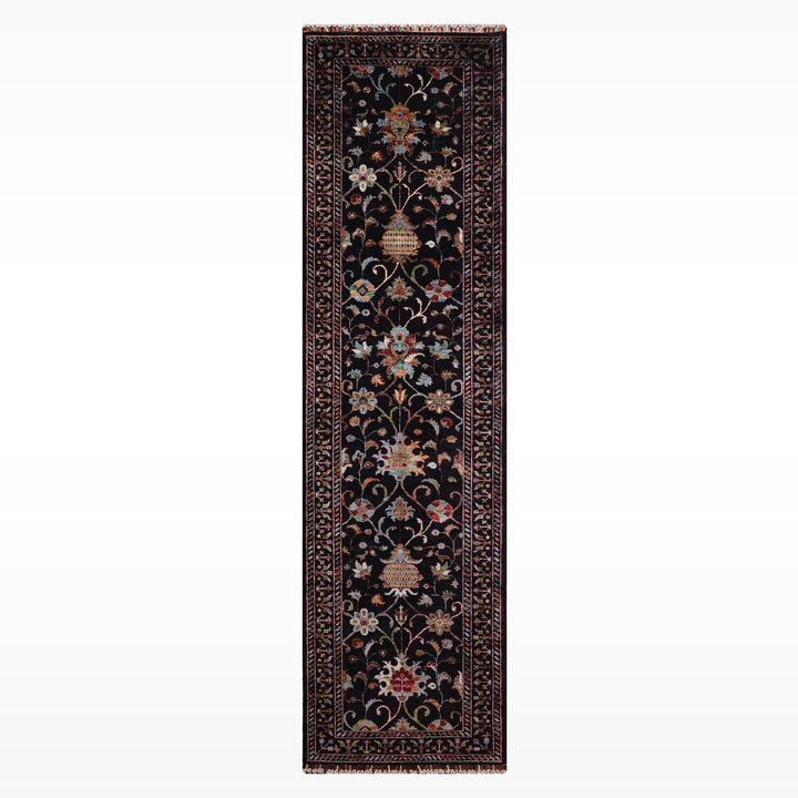 Sultani One Thousand and One Nights Runner Rug, Original Handwoven Black Natural Dye Wool Carpet, 0.84x309 cm (2.60 square meters) - 3x10 ft 