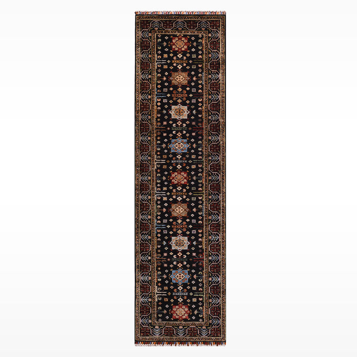 Veziri Bilcik Original Handwoven Runner Rug, Black Root Dye Wool Carpet, 0.82x309 cm (2.53 square meters) - 3x10 ft 