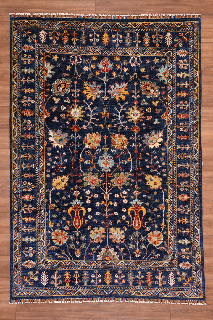 Sultani Çiçekli Orjinal El Dokuması Lacivert Kök Boya Yün Halı 173x251 4.34 Metrekare - 6x8 ft