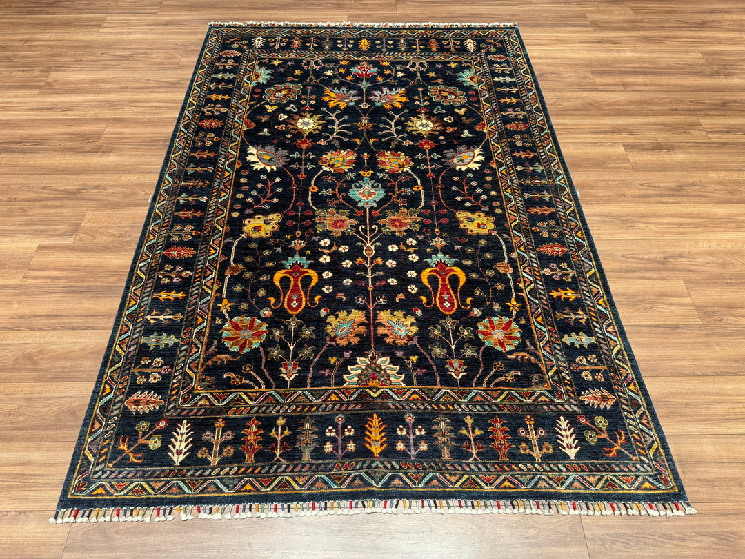 Sultani Çiçekli Orjinal El Dokuması Lacivert Kök Boya Yün Halı 173x251 4.34 Metrekare - 6x8 ft