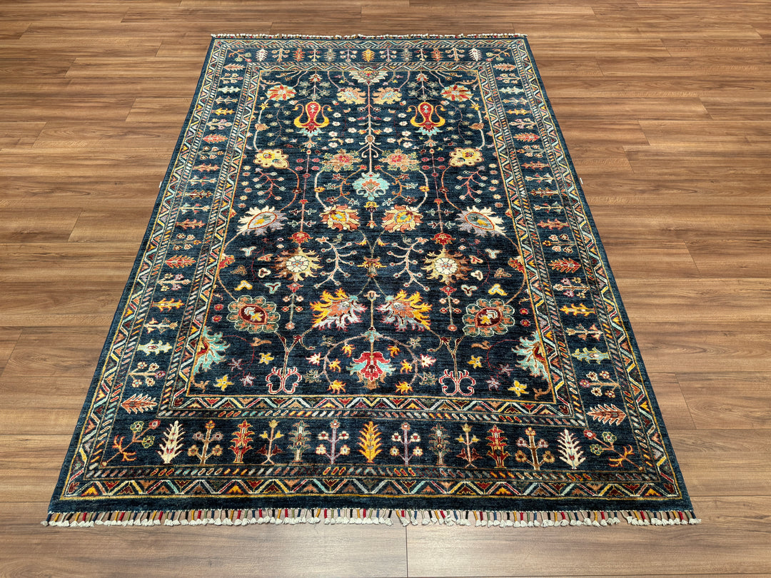 Sultani Çiçekli Orjinal El Dokuması Lacivert Kök Boya Yün Halı 173x251 4.34 Metrekare - 6x8 ft