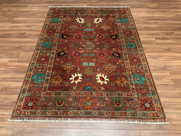 Sultani Çiçekli Orjinal El Dokuması Kahverengi Kök Boya Yün Halı 180x243 4.37 Metrekare - 5x8 ft