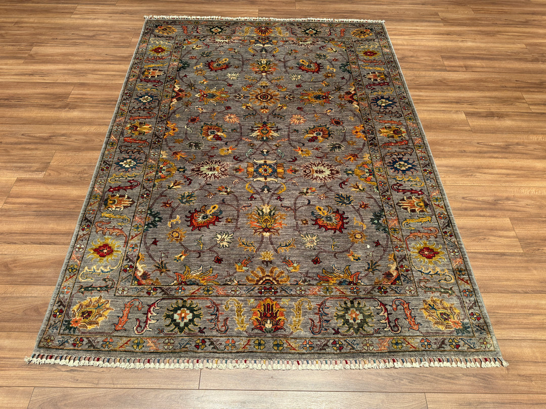 Sultani Çiçekli Orjinal El Dokuması Gri Kök Boya Yün Halı 176x240 4.22 Metrekare - 5x8 ft