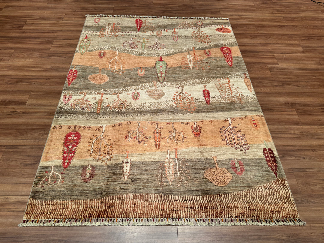 Sultani Tree Patterned Original Hand Woven Beige Vegetable Dyed Wool Carpet 175x235 4.11 Square Meters - 5x7 ft