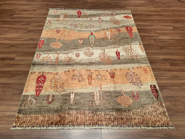 Sultani Tree Patterned Original Hand Woven Beige Vegetable Dyed Wool Carpet 175x235 4.11 Square Meters - 5x7 ft