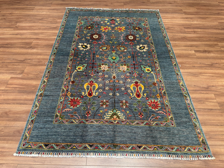 Sultani Çiçekli Orjinal El Dokuması Mavi Kök Boya Yün Halı 171x251 4.29 Metrekare - 5x8 ft