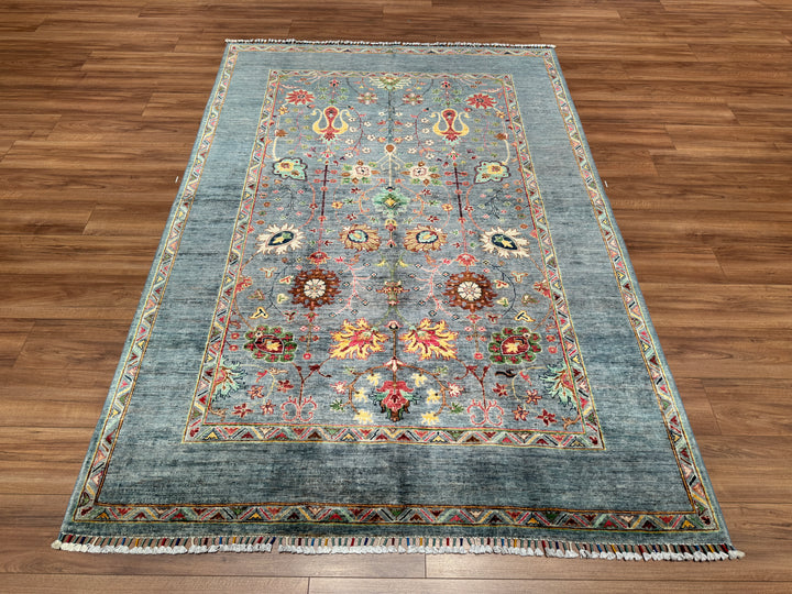 Sultani Floral Original Hand Woven Blue Vegetable Dyed Wool Carpet 171x251 4.29 Square Meters - 5x8 ft