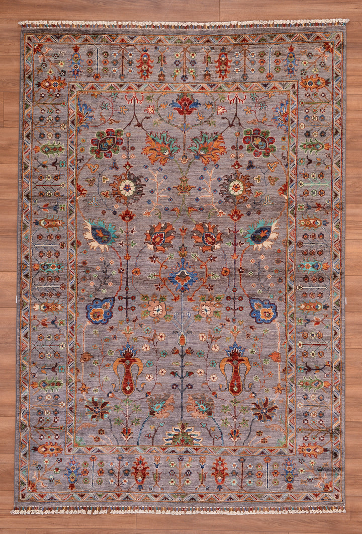 Sultani Floral Original Hand Woven Gray Vegetable Dyed Wool Carpet 175x255 4.46 Square Meters - 5x8 ft