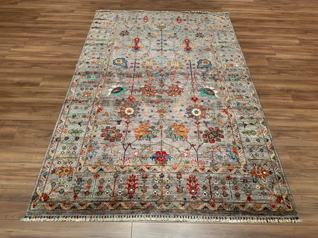 Sultani Floral Original Hand Woven Gray Vegetable Dyed Wool Carpet 175x255 4.46 Square Meters - 5x8 ft