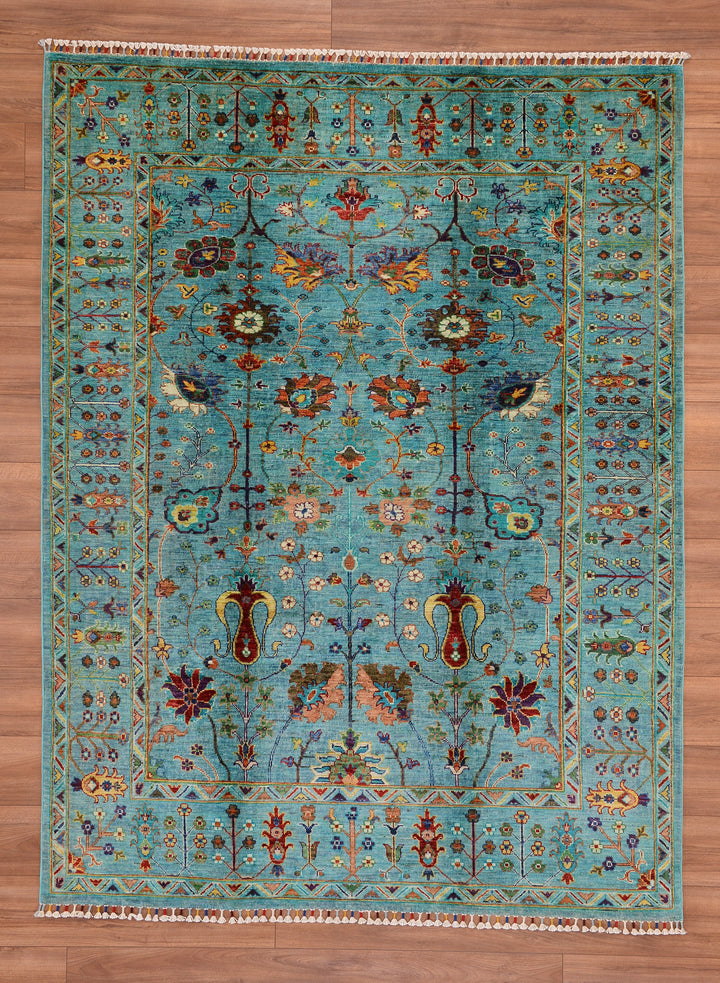 Sultani Floral Original Hand Woven Turquoise Vegetable Dyed Wool Carpet 181x238 4.31 Square Meters - 5x8 ft