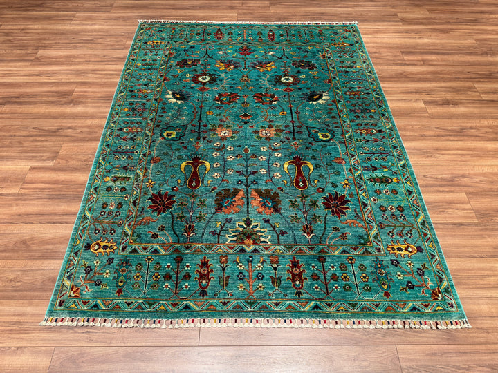 Sultani Çiçekli Orjinal El Dokuması Turkuaz Kök Boya Yün Halı 181x238 4.31 Metrekare - 5x8 ft