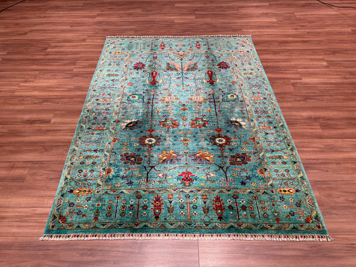 Sultani Floral Original Hand Woven Turquoise Vegetable Dyed Wool Carpet 181x238 4.31 Square Meters - 5x8 ft