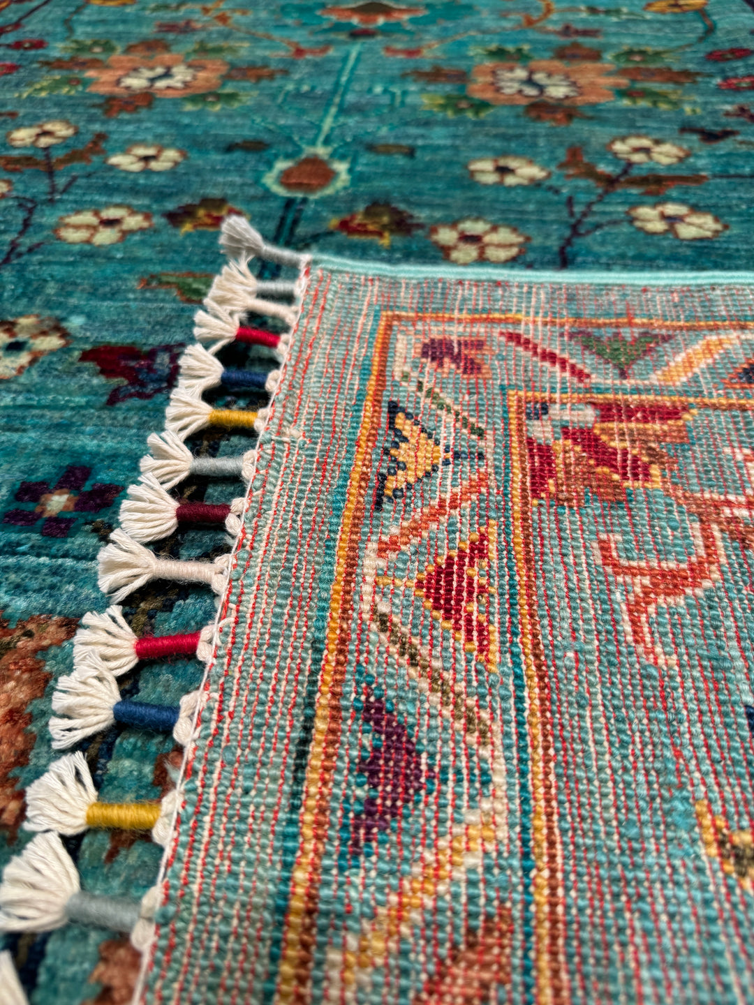 Sultani Floral Original Hand Woven Turquoise Vegetable Dyed Wool Carpet 181x238 4.31 Square Meters - 5x8 ft