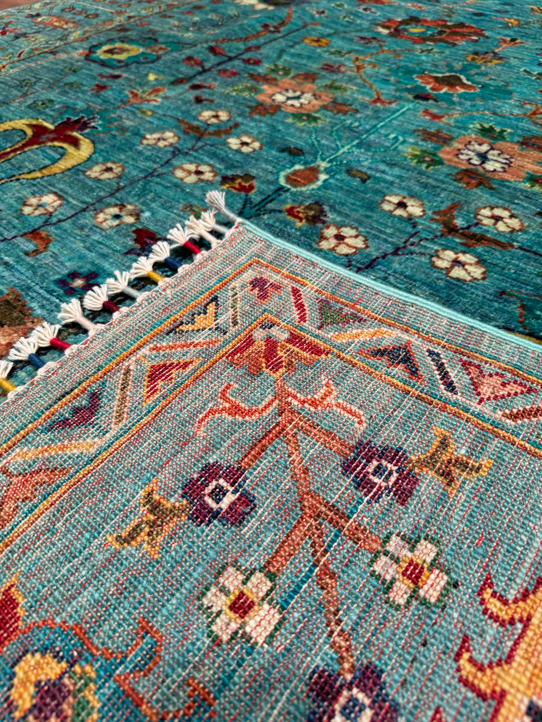 Sultani Floral Original Hand Woven Turquoise Vegetable Dyed Wool Carpet 181x238 4.31 Square Meters - 5x8 ft