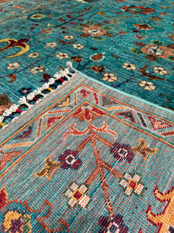 Sultani Floral Original Hand Woven Turquoise Vegetable Dyed Wool Carpet 181x238 4.31 Square Meters - 5x8 ft