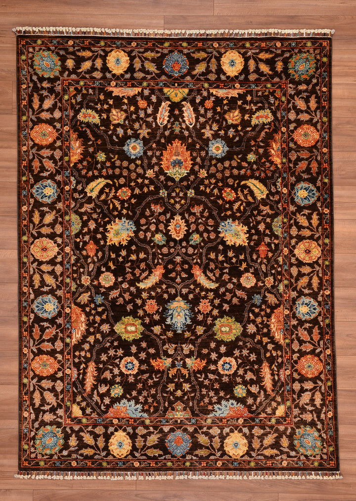 Sultani Floral Original Hand Woven Brown Vegetable Dyed Wool Carpet 180x247 4.45 Square Meters - 5x8 ft