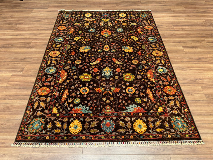 Sultani Çiçekli Orjinal El Dokuması Kahverengi Kök Boya Yün Halı 180x247 4.45 Metrekare - 5x8 ft