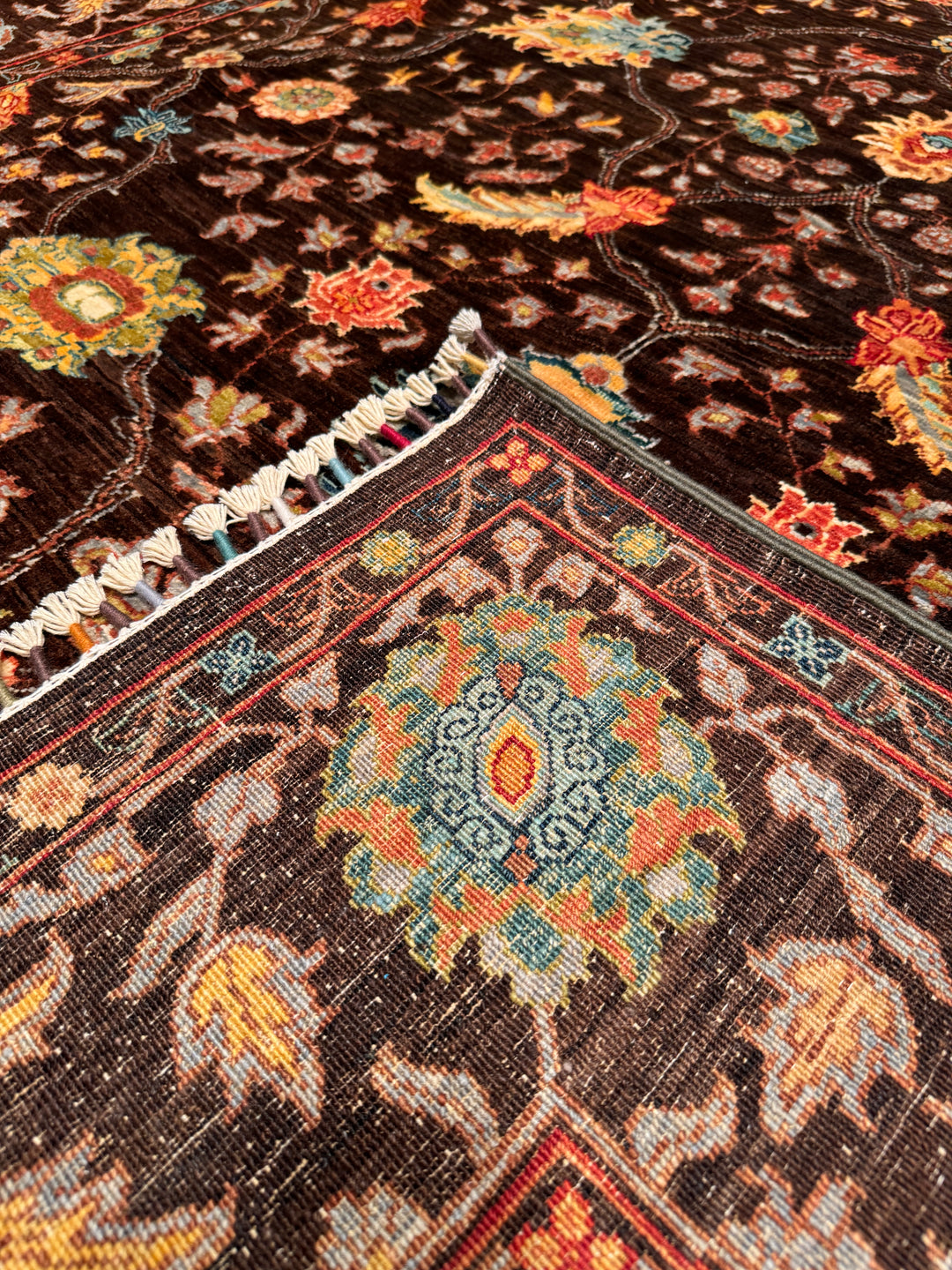 Sultani Floral Original Hand Woven Brown Vegetable Dyed Wool Carpet 180x247 4.45 Square Meters - 5x8 ft