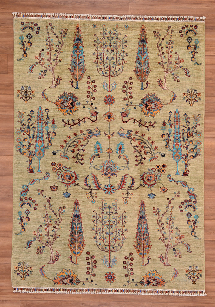 Sultani Tree Pattern Original Hand Woven Green Vegetable Dyed Wool Carpet 179x251 4.49 Square Meters - 5x8 ft