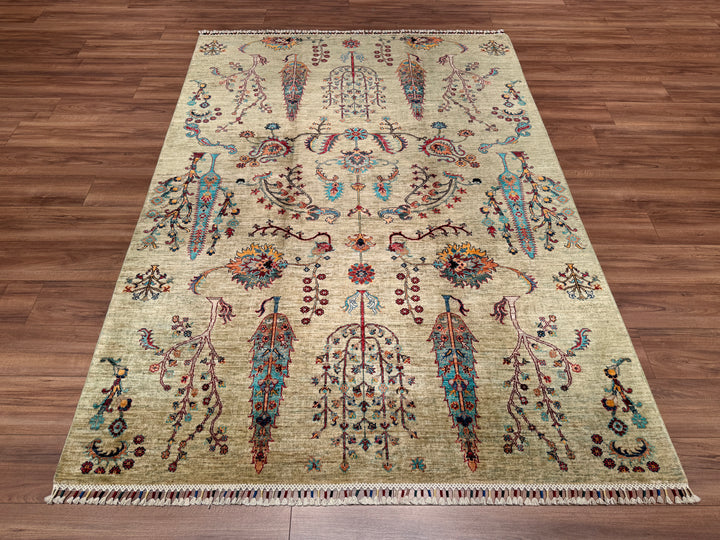 Sultani Tree Pattern Original Hand Woven Green Vegetable Dyed Wool Carpet 179x251 4.49 Square Meters - 5x8 ft