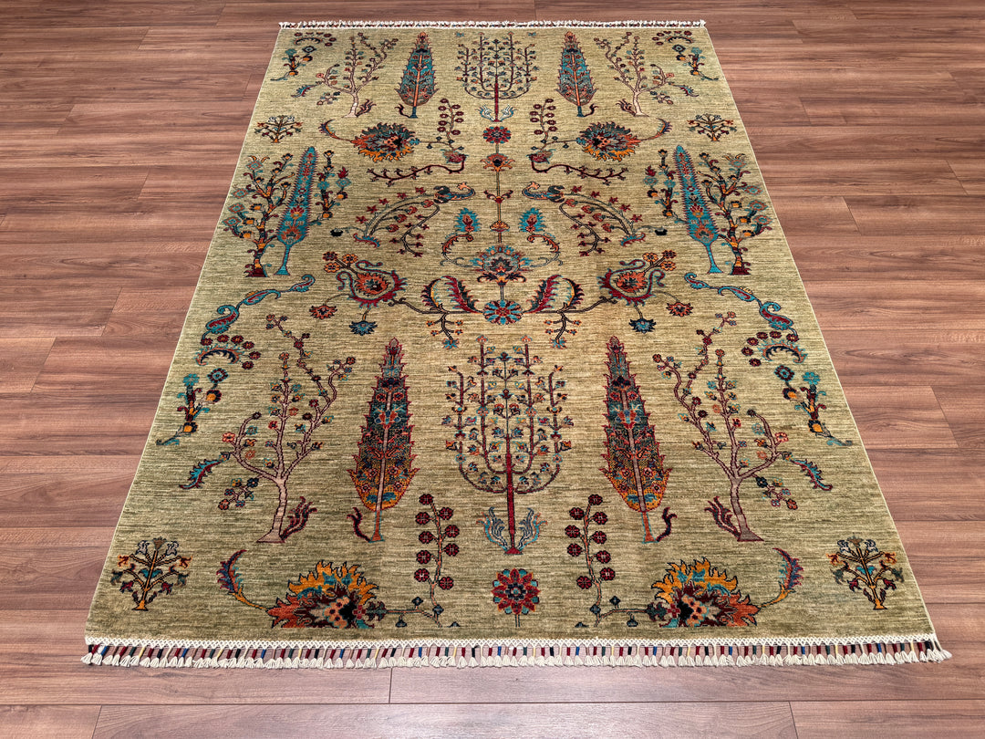 Sultani Tree Pattern Original Hand Woven Green Vegetable Dyed Wool Carpet 179x251 4.49 Square Meters - 5x8 ft