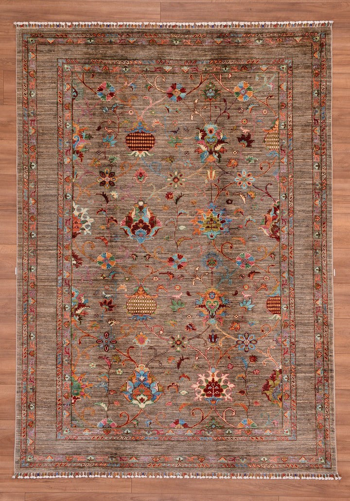 سجادة صوفية أصلية منسوجة يدويًا من Sultani Floral باللون البيج بصبغة جذرية، مقاس 174 × 243، 4.23 متر مربع - 5 × 8 قدم