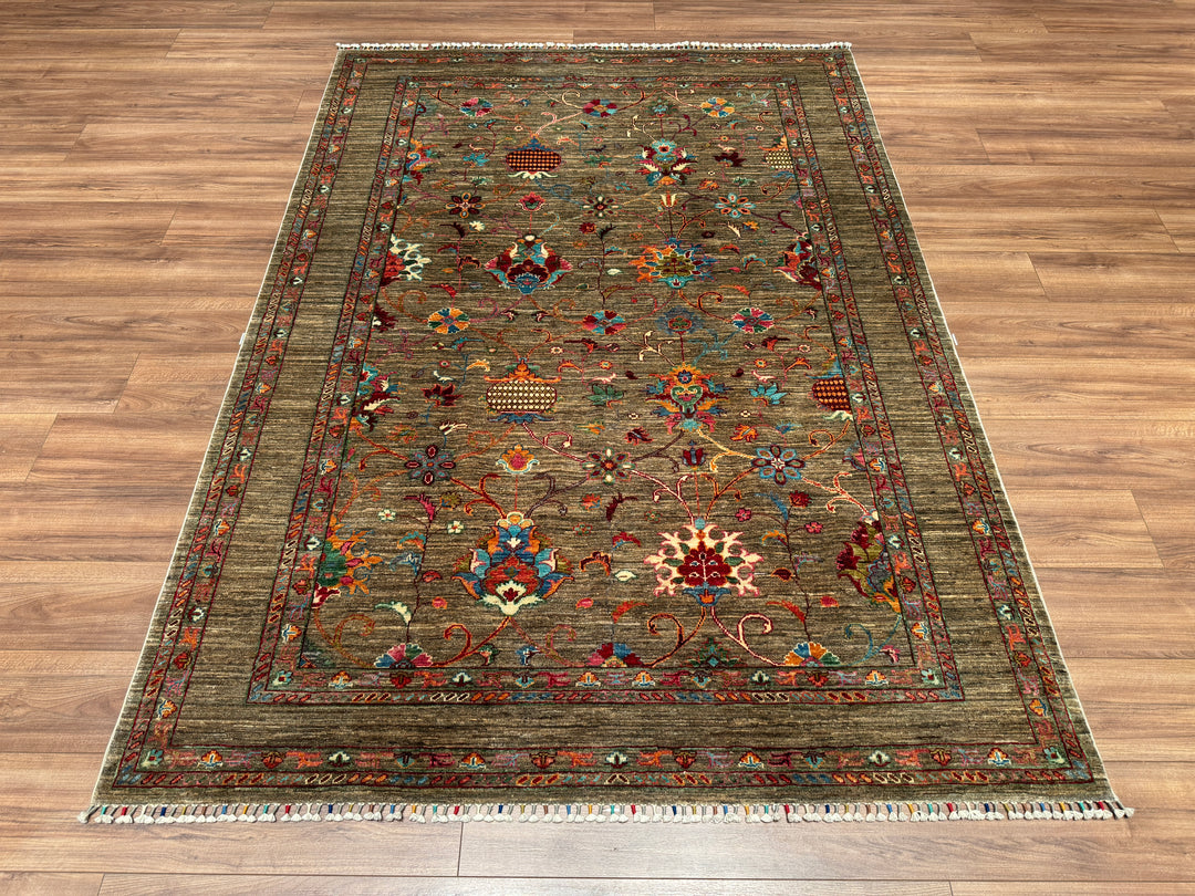 Sultani Çiçekli Orjinal El Dokuması Bej Kök Boya Yün Halı 174x243 4.23 Metrekare - 5x8 ft