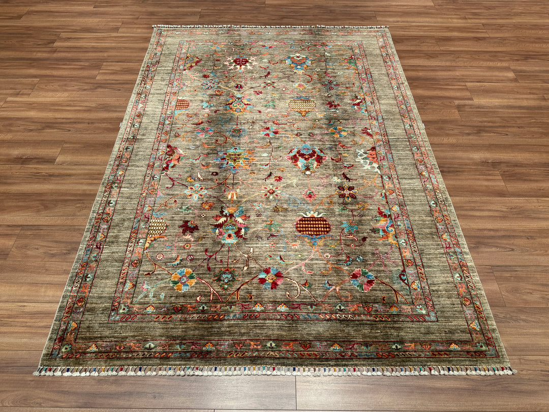 Sultani Çiçekli Orjinal El Dokuması Bej Kök Boya Yün Halı 174x243 4.23 Metrekare - 5x8 ft