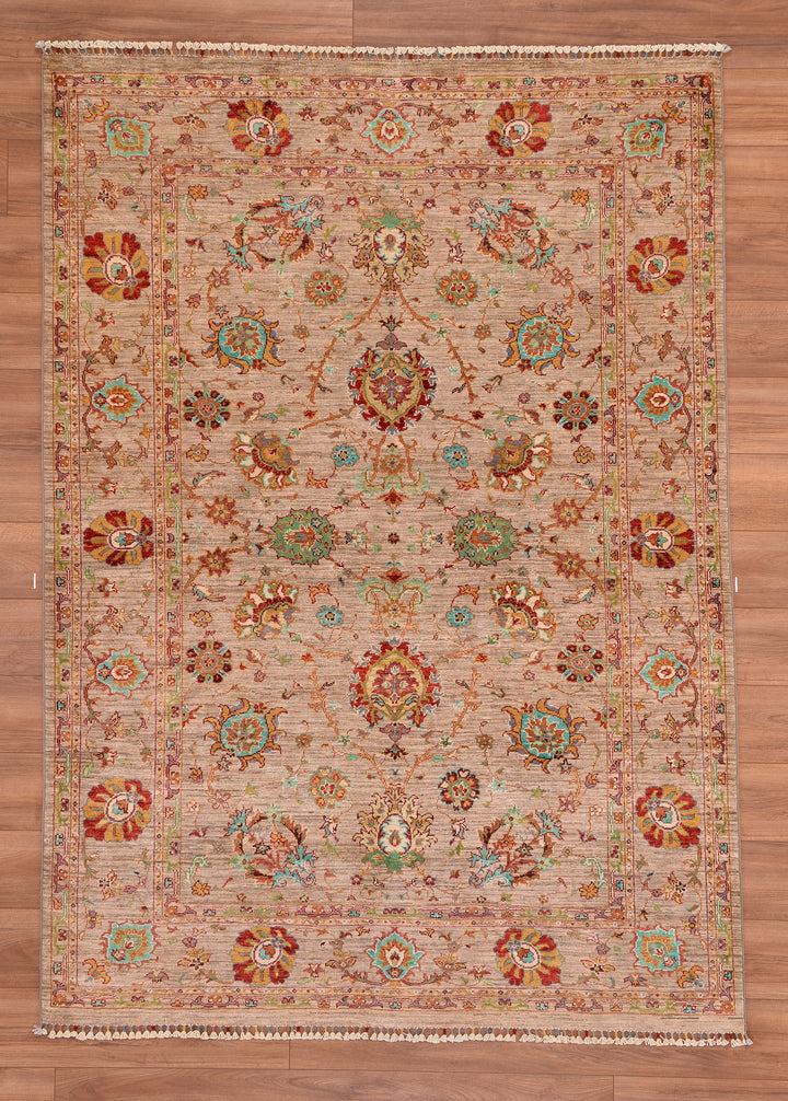 Sultani Floral Original Hand Woven Beige Vegetable Dyed Wool Carpet 172x241 4.15 Square Meters - 5x8 ft