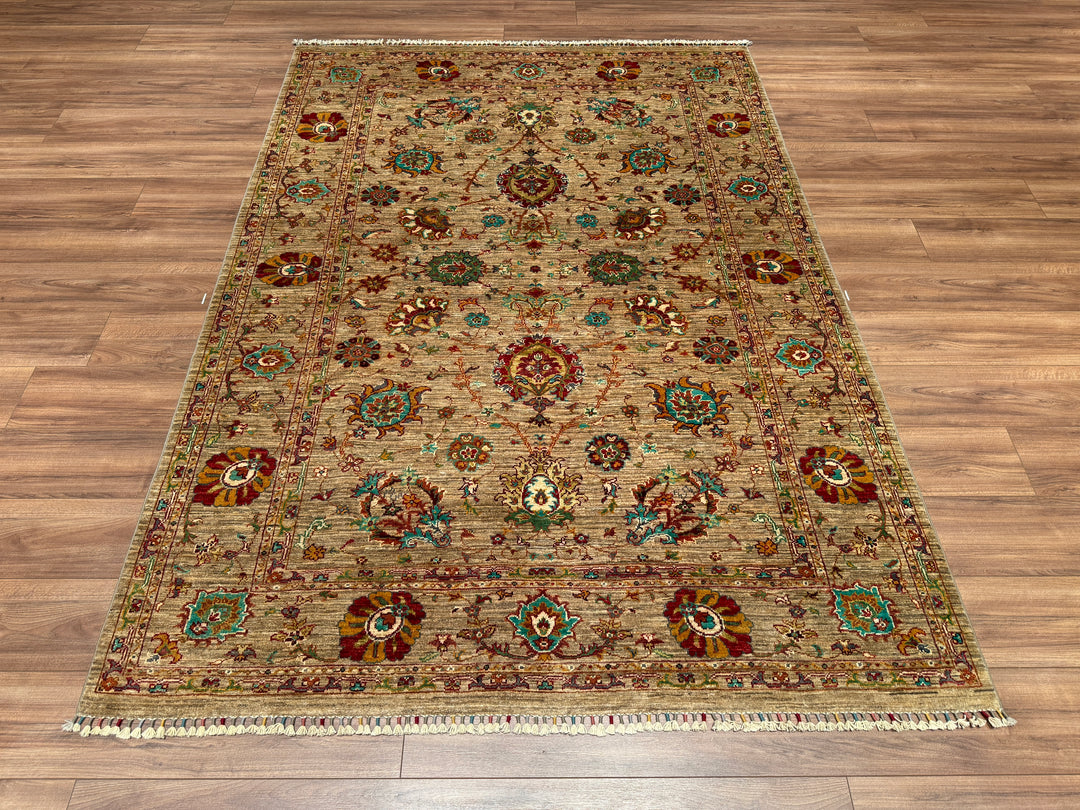 Sultani Çiçekli Orjinal El Dokuması Bej Kök Boya Yün Halı 172x241 4.15 Metrekare - 5x8 ft