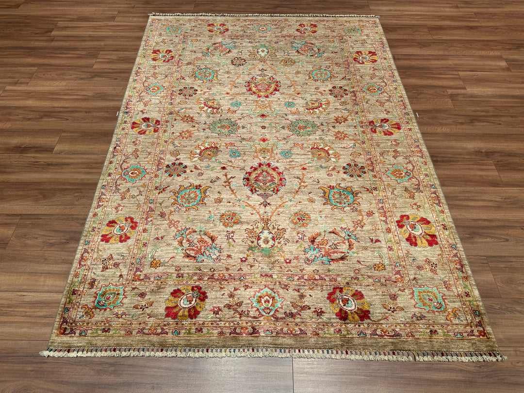 Sultani Çiçekli Orjinal El Dokuması Bej Kök Boya Yün Halı 172x241 4.15 Metrekare - 5x8 ft