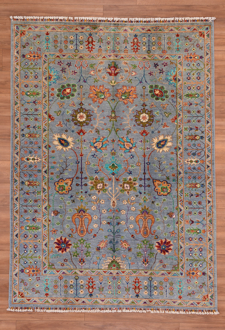 Sultani Çiçekli Orjinal El Dokuması Mavi Kök Boya Yün Halı 174x243 4.23 Metrekare - 5x8 ft