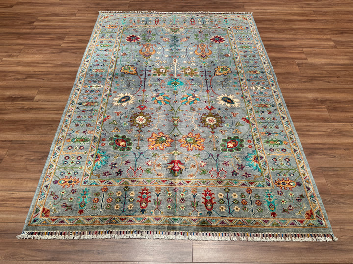 Sultani Floral Original Hand Woven Blue Vegetable Dyed Wool Carpet 174x243 4.23 Square Meters - 5x8 ft