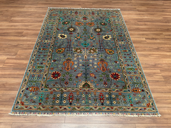 Sultani Floral Original Hand Woven Blue Vegetable Dyed Wool Carpet 174x243 4.23 Square Meters - 5x8 ft