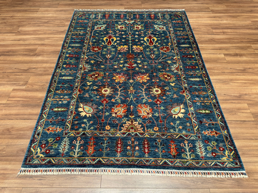 Sultani Çiçekli Orjinal El Dokuması Mavi Kök Boya Yün Halı 176x241 4.24 Metrekare - 5x8 ft