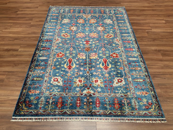 Sultani Çiçekli Orjinal El Dokuması Mavi Kök Boya Yün Halı 176x241 4.24 Metrekare - 5x8 ft