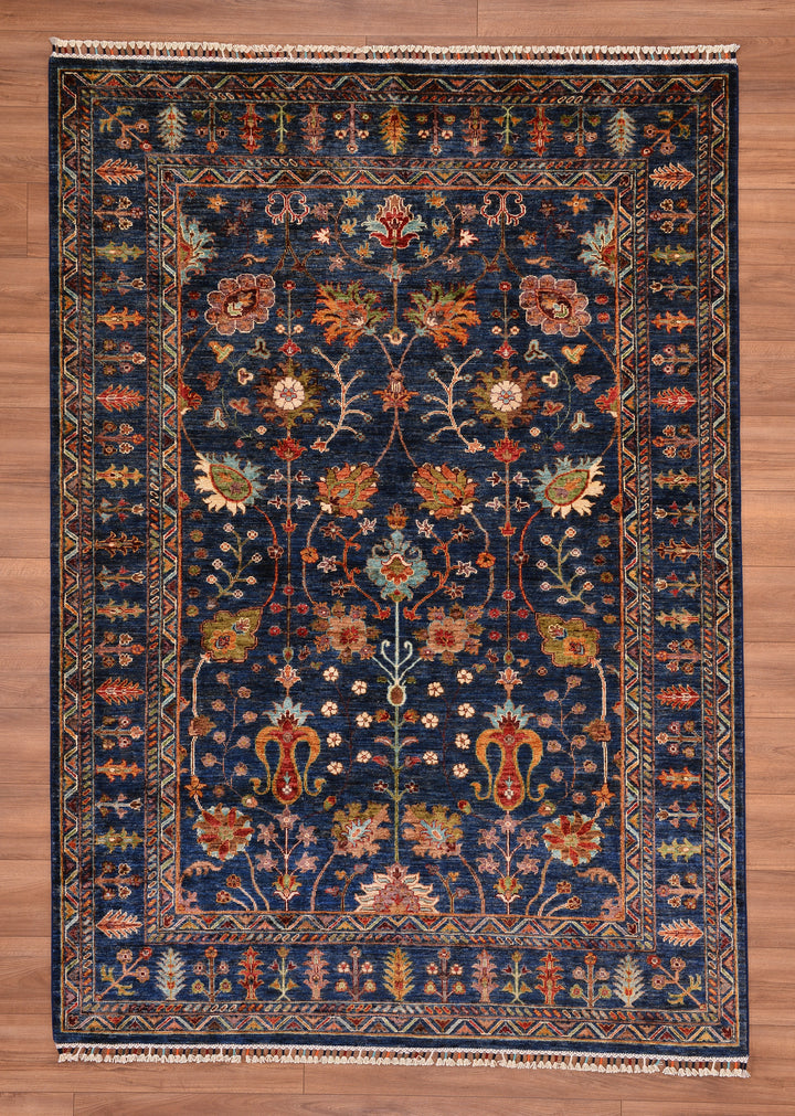 Sultani Floral Original Hand Woven Navy Blue Vegetable Dyed Wool Carpet 177x251 4.44 Square Meters - 5x8 ft