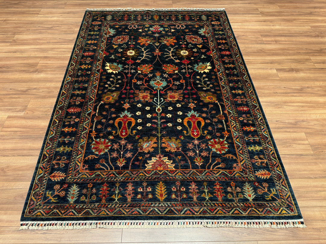 Sultani Floral Original Hand Woven Navy Blue Vegetable Dyed Wool Carpet 177x251 4.44 Square Meters - 5x8 ft