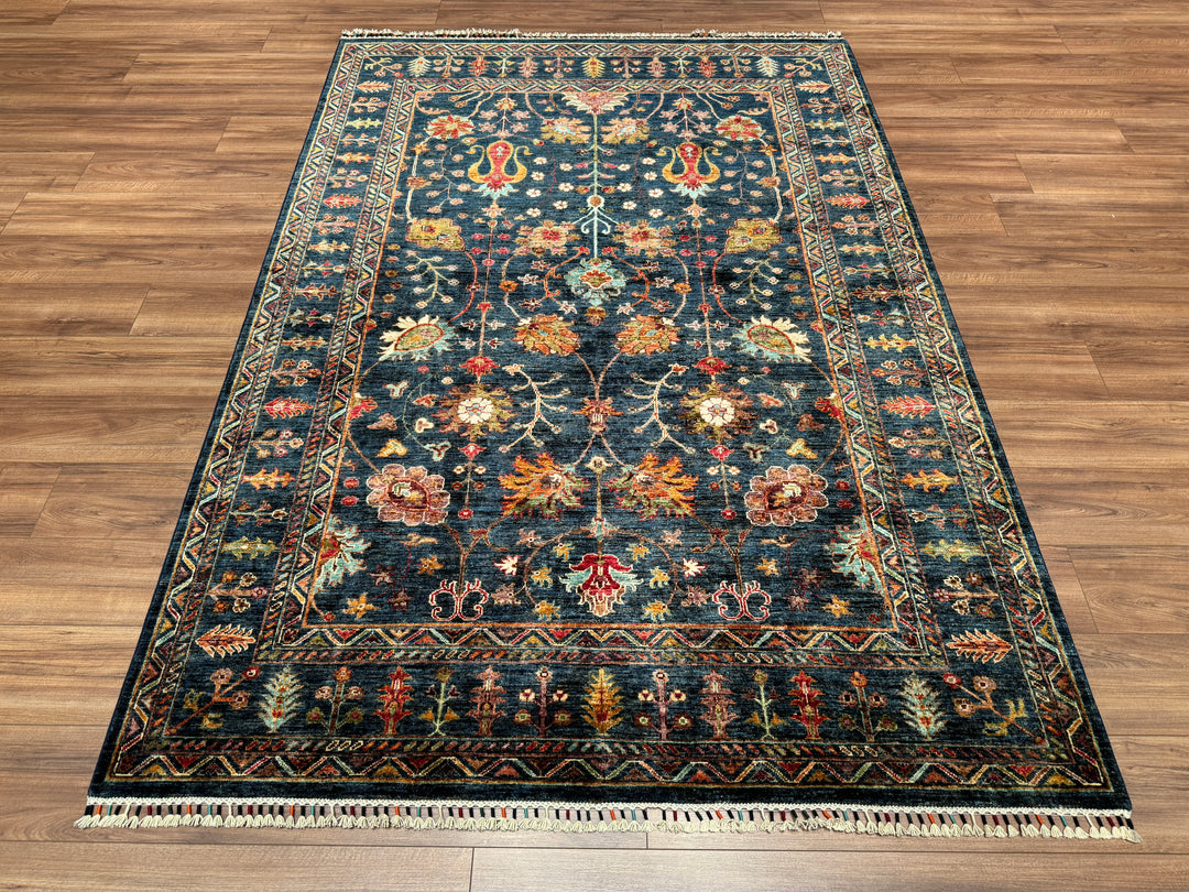 Sultani Floral Original Hand Woven Navy Blue Vegetable Dyed Wool Carpet 177x251 4.44 Square Meters - 5x8 ft