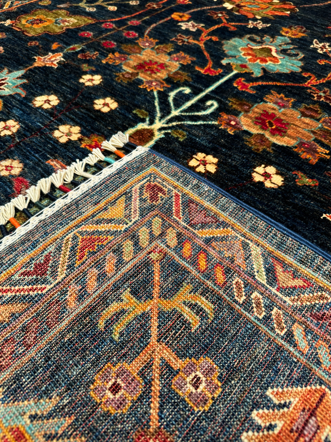 Sultani Floral Original Hand Woven Navy Blue Vegetable Dyed Wool Carpet 177x251 4.44 Square Meters - 5x8 ft