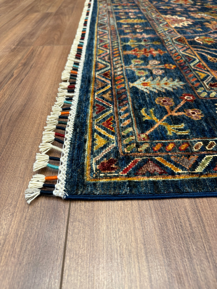 Sultani Floral Original Hand Woven Navy Blue Vegetable Dyed Wool Carpet 177x251 4.44 Square Meters - 5x8 ft