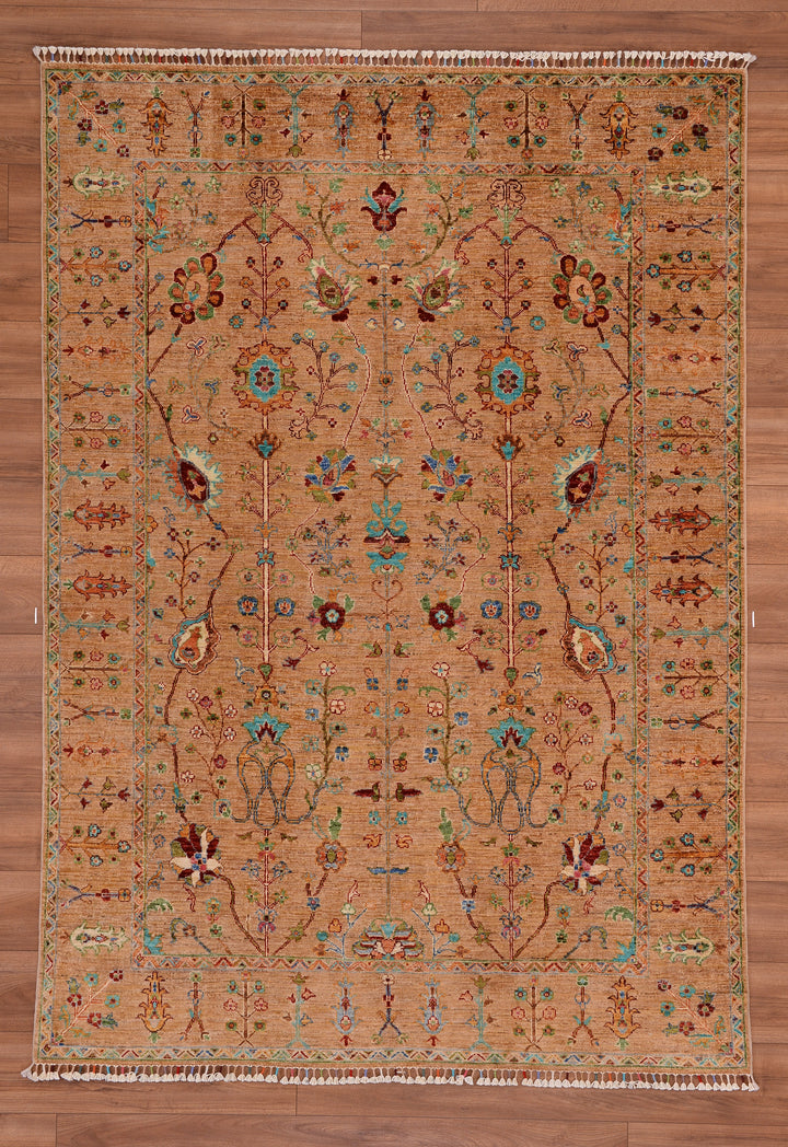 Sultani Çiçekli Orjinal El Dokuması Bej Kök Boya Yün Halı 174x245 4.26 Metrekare - 5x8 ft