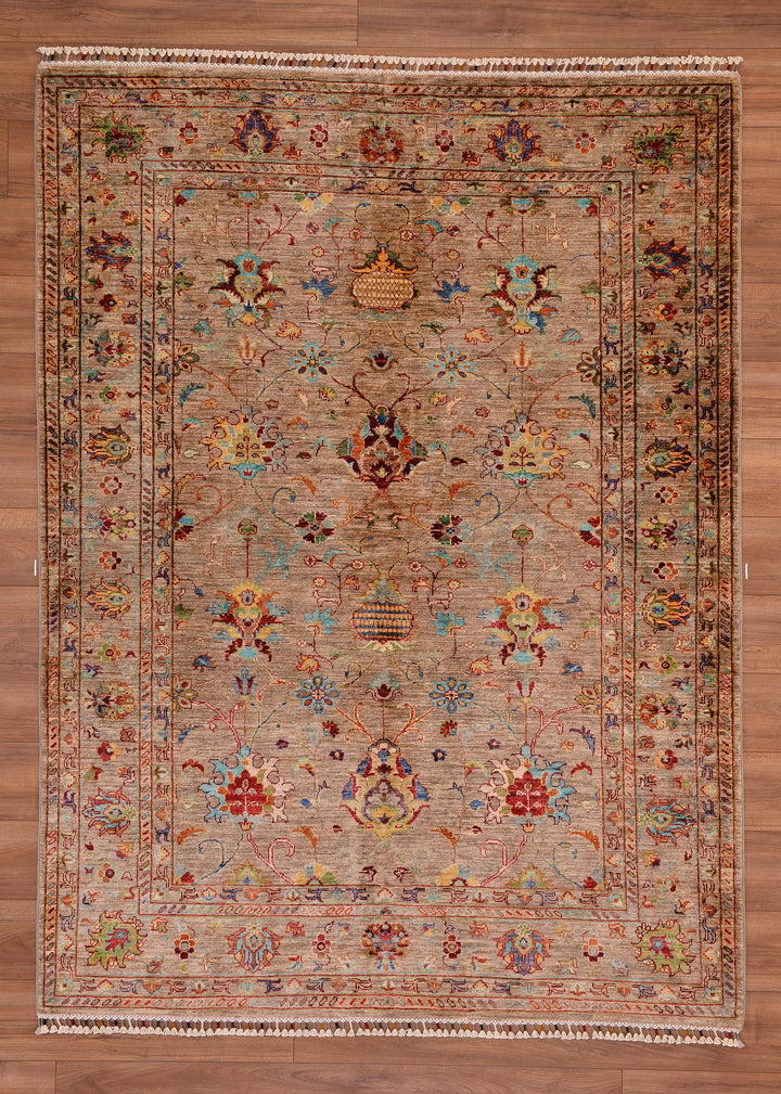 Sultani Çiçekli Orjinal El Dokuması Bej Kök Boya Yün Halı 174x232 4.04 Metrekare - 5x8 ft