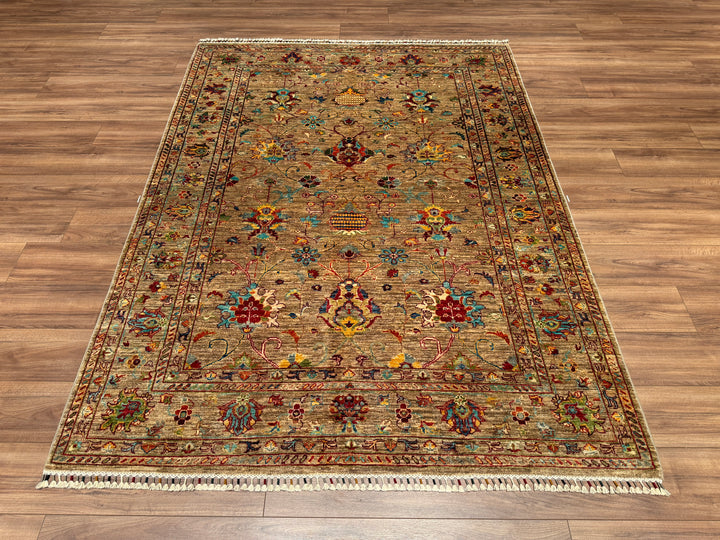 Sultani Çiçekli Orjinal El Dokuması Bej Kök Boya Yün Halı 174x232 4.04 Metrekare - 5x8 ft