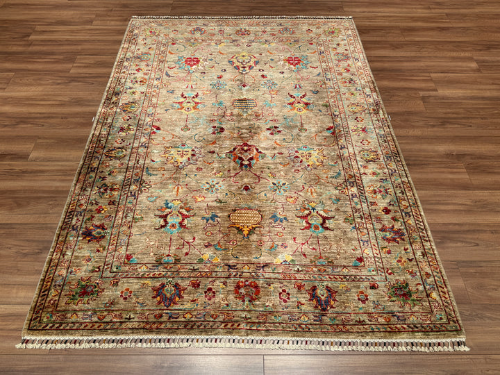 Sultani Çiçekli Orjinal El Dokuması Bej Kök Boya Yün Halı 174x232 4.04 Metrekare - 5x8 ft