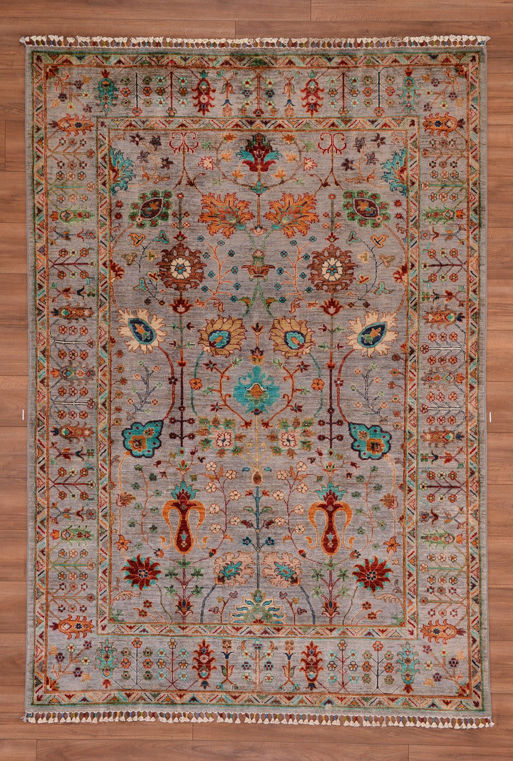 Sultani Floral Original Hand Woven Gray Vegetable Dyed Wool Carpet 171x250 4.28 Square Meters - 5x8 ft