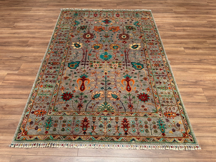 Sultani Çiçekli Orjinal El Dokuması Gri Kök Boya Yün Halı 171x250 4.28 Metrekare - 5x8 ft