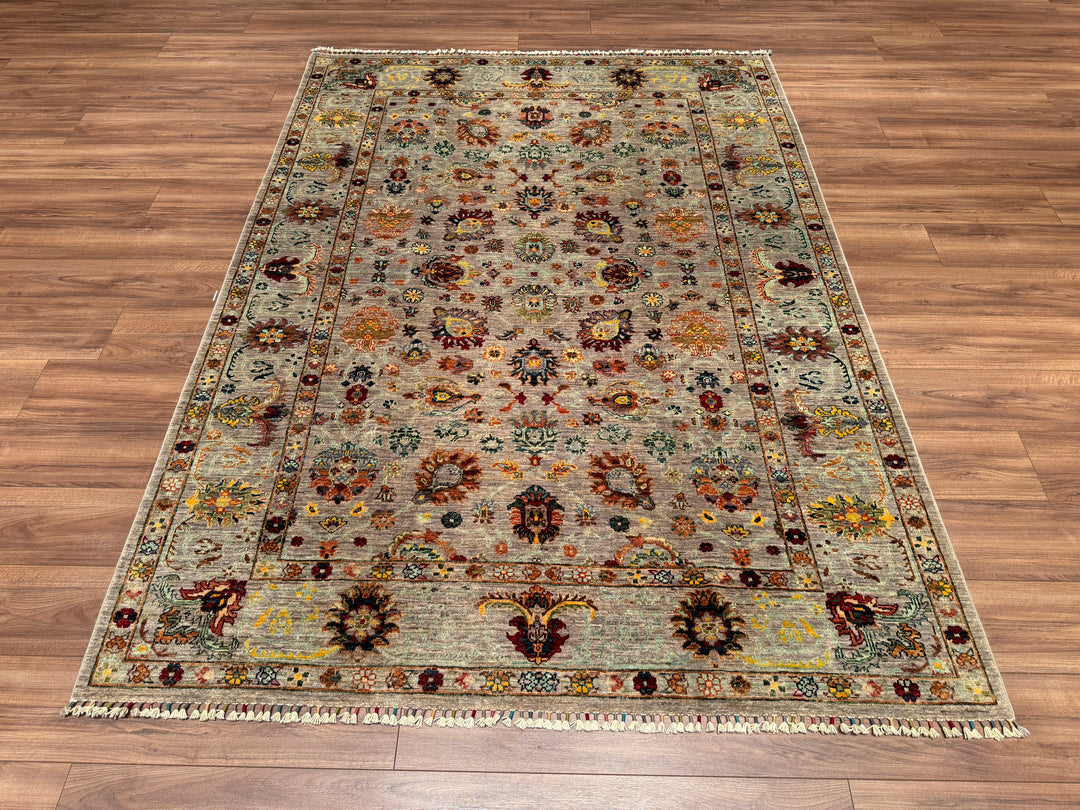 Sultani Floral Original Hand Woven Gray Vegetable Dyed Wool Carpet 175x241 4.22 Square Meters - 5x8 ft